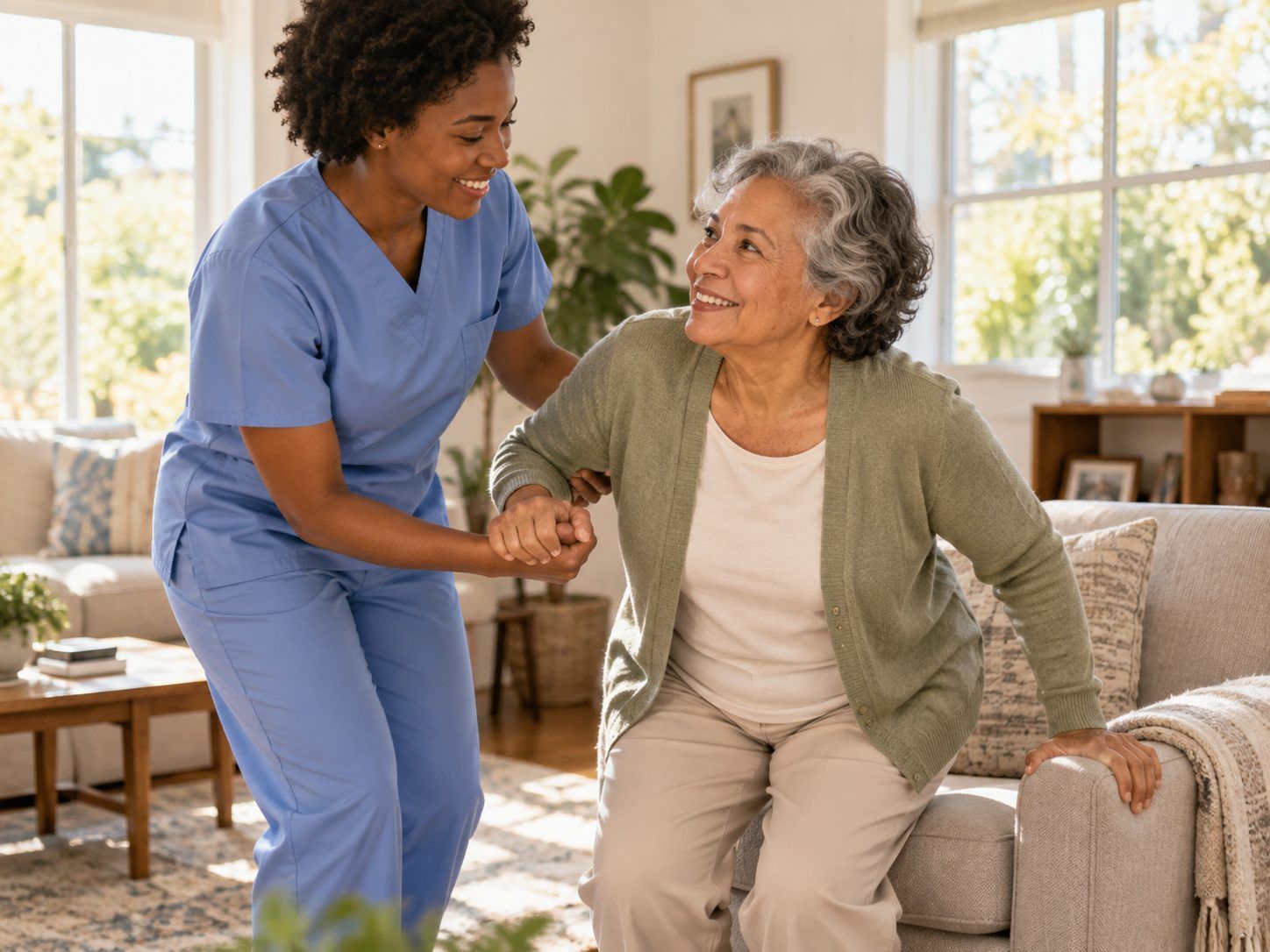 A caregiver steadies an older woman by the arm as she rises from an armchair