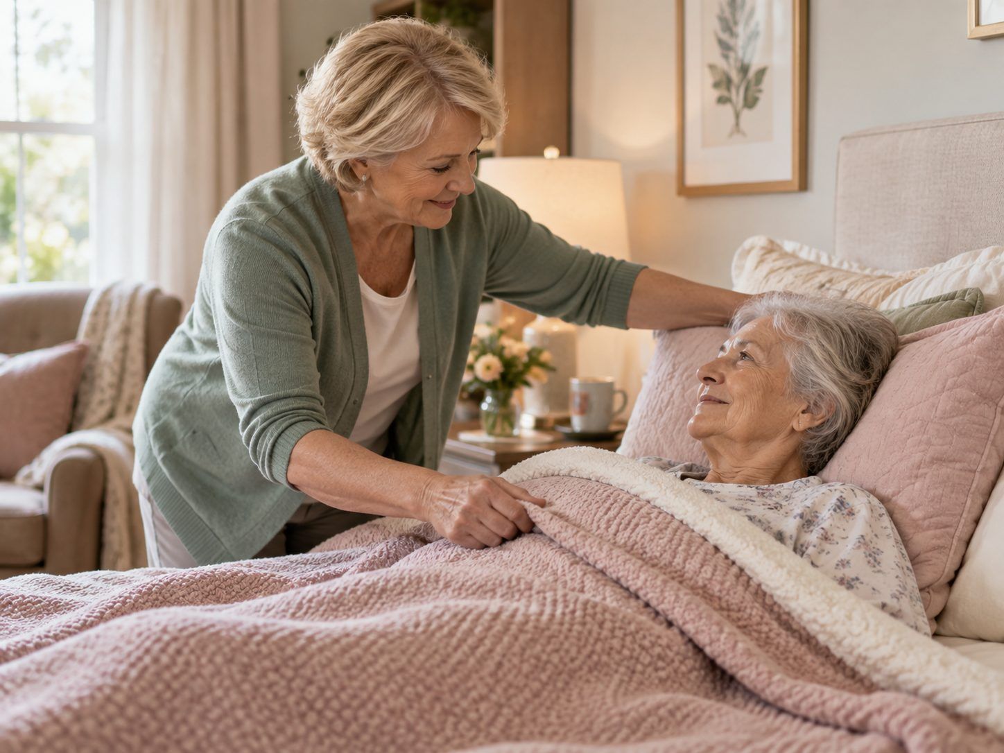 A caregiver settles a soft blanket over an older woman resting in bed